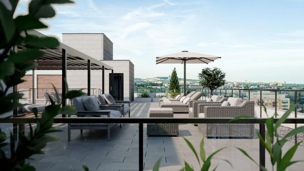 Vue extérieure de la terrasse dans le projet de condos à louer Signature Bois-Franc, à Saint-Laurent, Montréal