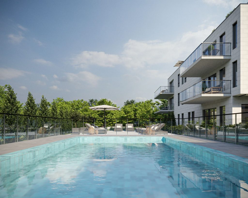 Piscine extérieure dans le projet de condos à louer Signature Bois-Franc, à Saint-Laurent, Montréal