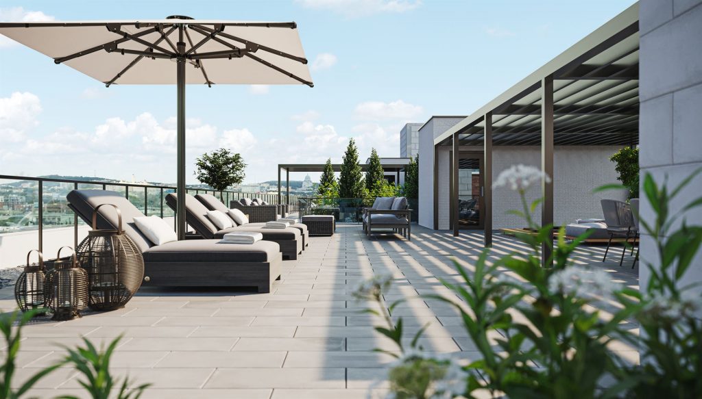 Terrasse extérieure du projet de condos à louer Signature Bois-Franc, à Saint-Laurent, Montréal