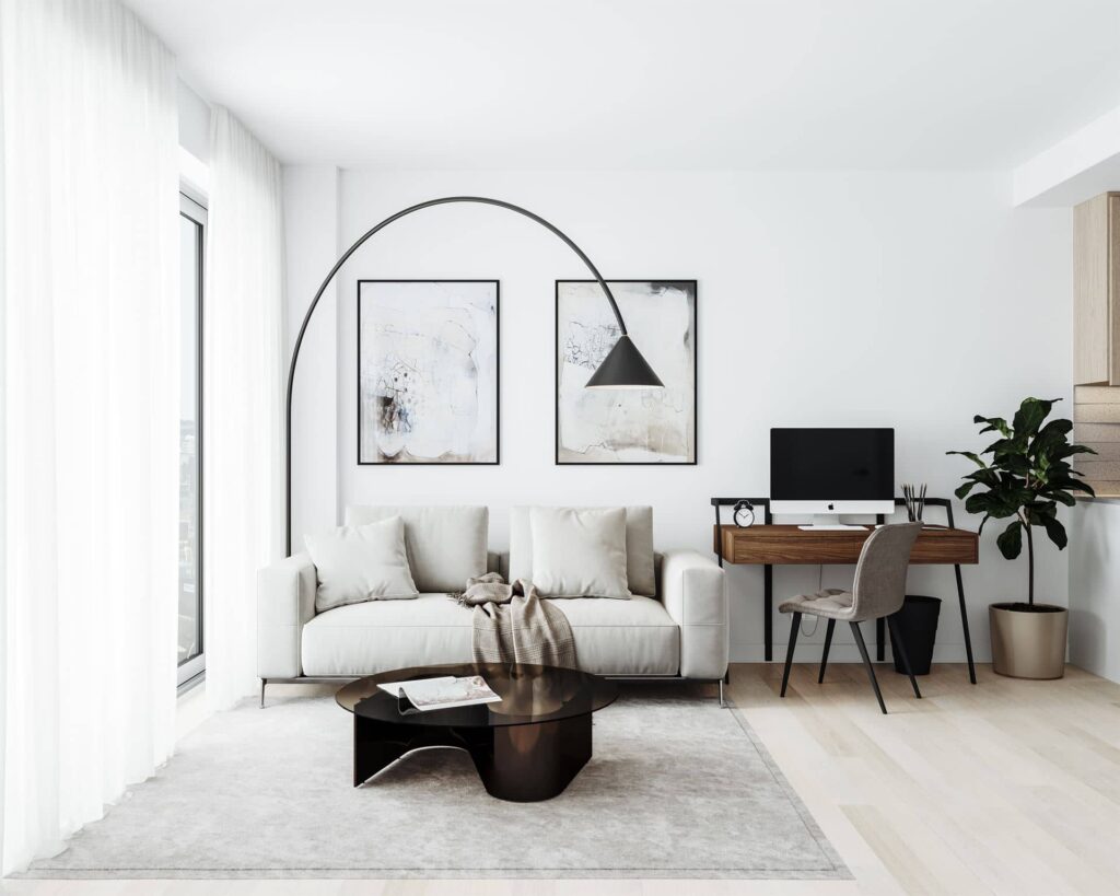 Aperçu d’un salon dans un condo locatif du projet Signature Bois-Franc, à Saint-Laurent, Montréal