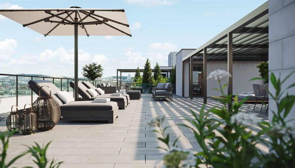 Terrasse du projet d’appartements à louer Signature Bois-Franc, à Saint-Laurent, Montréal.